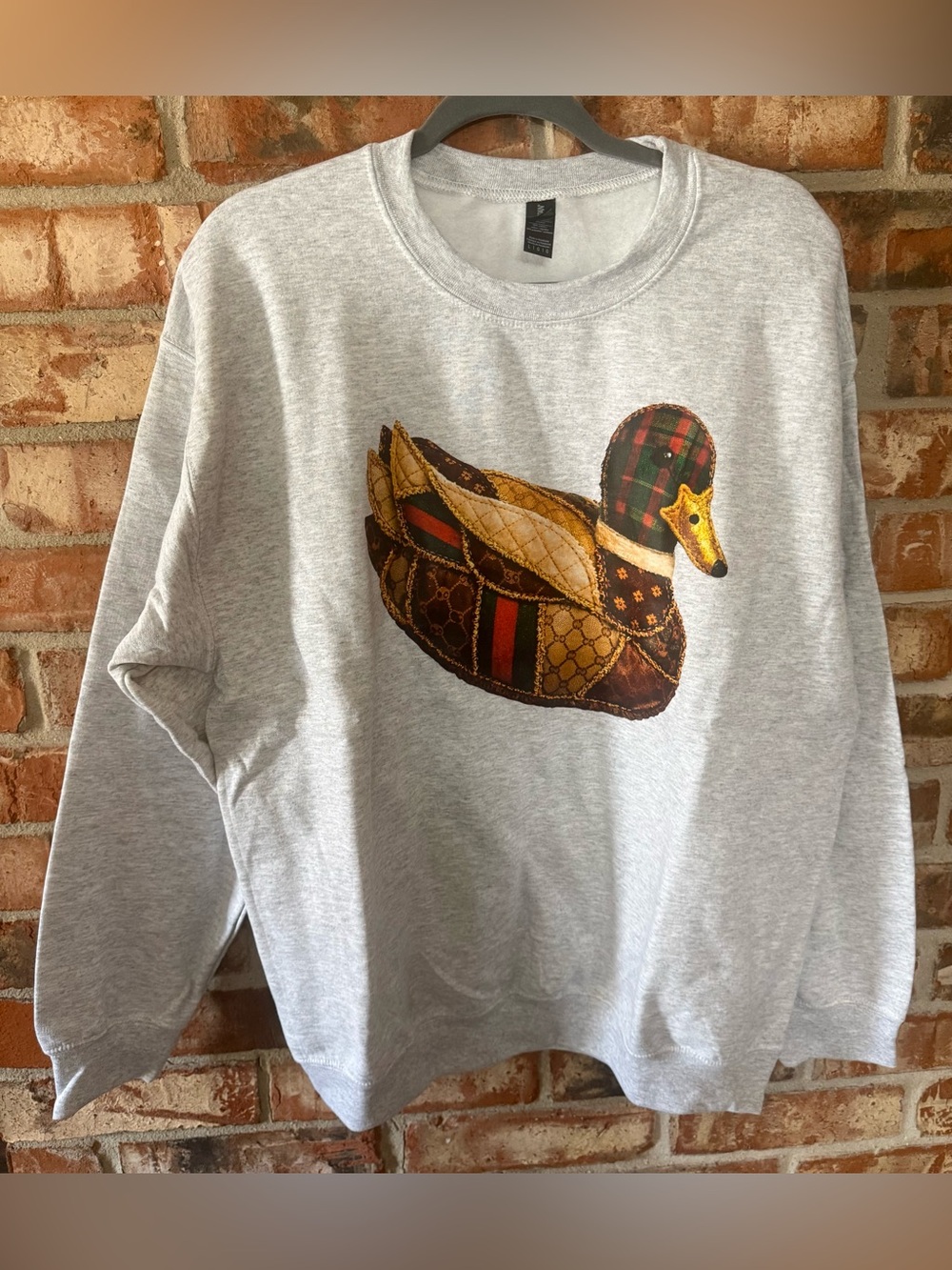 Gildan Light Gray Crewneck Sweatshirt with Boujee Patchwork Duck Motif
